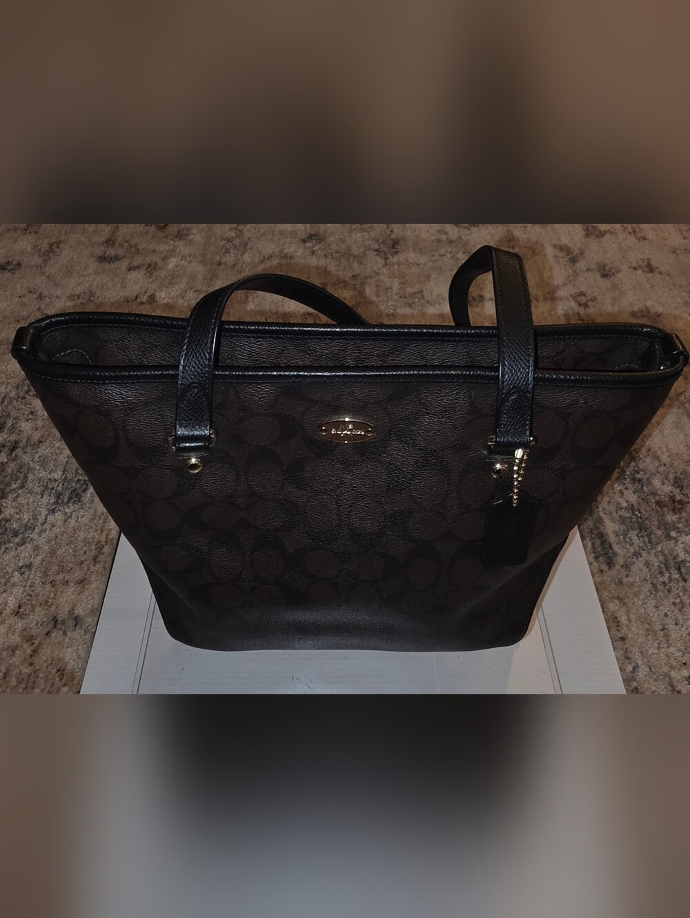 Coach F34603 Black Signature Canvas Zip Top Tote Bag Leather Trim.